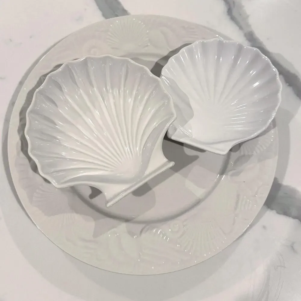 Vintage White Ceramic Seashell Serving Bundle - 3-Piece Platter & Shell Bowls